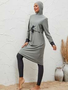 VFJ Burkini Muslim Women's Plain Islamic Grey Swimsuit Long Sleeved Full Set 3PCS Beach Outfit With Hat
