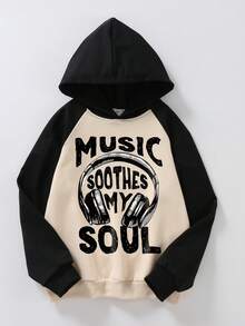 Girls Headphone & Slogan Print Hoodie Sweatshirt, Long Sleeve Pullover Suitable For Girls, Children Autumn/Winter Tops, Crew Neck Sweatshirt, Teenage Style Hoodie For School, Vacation And Shopping