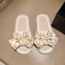 Dwukolorowe, wsuwane, wygodne, grube, polarowe kapcie damskie z kokardką