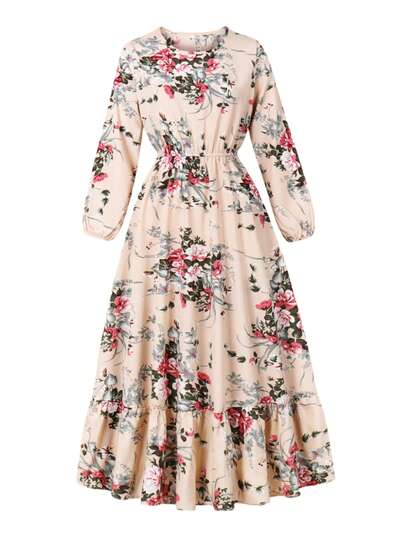 Vestido casual de vacaciones de manga larga con cuello redondo, cintura elástica y estampado floral vintage, elegante para primavera/otoño