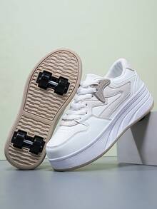 2024 New Fashion Kids Shoes, Convertible Wheeled Shoes, Removable Button, Mesh Breathable, White & Khaki, Suitable For 4 Seasons, Girls And Boys