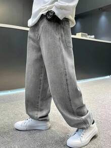 休闲街头风格青少年男孩时尚卡通刺绣牛仔裤 - 灰色 - 查看 2