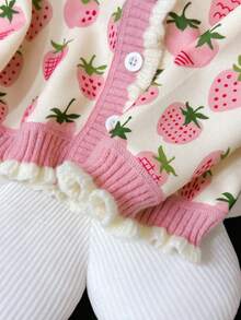 M.Dian xi Girls V-Neck Cardigan, 2025 Spring & Autumn New Korean Version Children's Clothing, Lace Strawberry Fleece Sweater, Children's Winter Warm Jacket