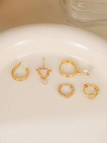 5pcs Elegant Cubic Zirconia Teardrop Pendant Hoop Earrings Set, Suitable For Women Daily Wear, Dates, Parties - Yellow Gold - View 4