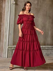 中世纪公主风格露肩泡泡袖层叠荷叶边连衣裙 - 酒紅色 - 查看 4