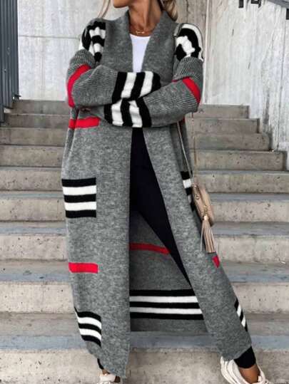 Women's Casual Fashion Autumn And Winter Women's Clothing New Style Contrast Color Stripe Pattern Front Open Mid-Length Long Sleeve Thick Back To School Season Christmas Clothing Wear Knitted Sweater Jacket