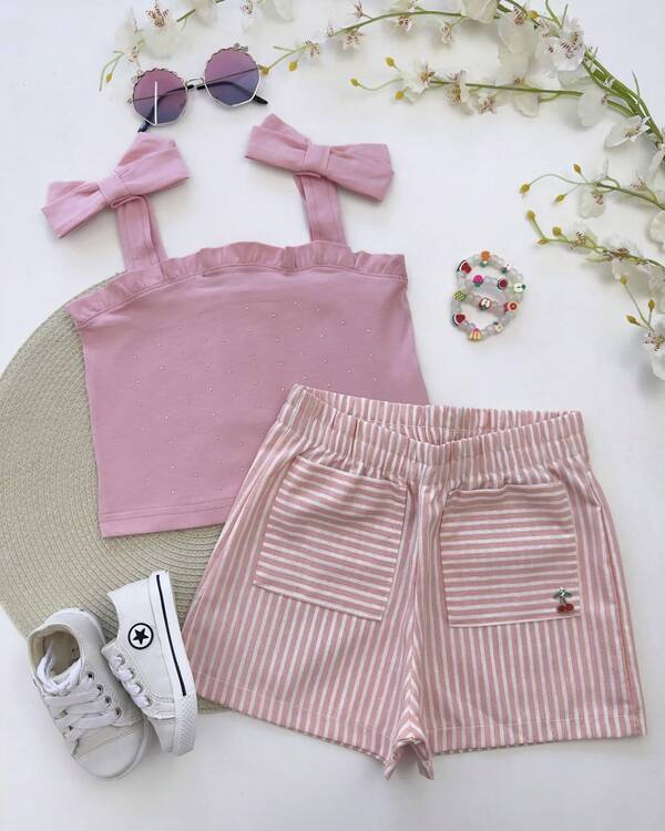 Conjunto Infantil Menina Blusa Regata Short Roupa Criança Vermelho Rosa Listrado Sustentavel GLORIA