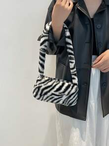 CHICVUE New Autumn/Winter Mini Fashionable Black & White Contrast Zebra Pattern Fluffy Shoulder Bag, Casual Tote Underarm Soft Fluffy Solid Color Handbag, New Arrival Fur Bag For Women Gifts - Black and White - View 4