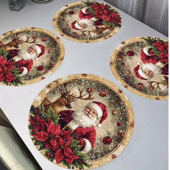 6pcs/4pcs/1pc Christmas Party Decoration Round Placemats, Santa Claus, Reindeer And Poinsettia Pattern Design - 15 Inches In Diameter, Linen Material, Non-Slip, Heat-Resistant, Machine Washable, Holiday Party Decoration Round Placemats, Party Kitchen Restaurant Decorations, Suitable For Christmas Table Decoration, Party, Christmas Decoration, Christmas Decorations For Home