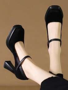 秋冬女士黑色法式方头粗跟高跟鞋，优雅时尚，适合派对穿着，厚底高跟鞋 - 黑色 - 查看 5