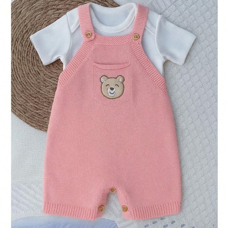 Delicate Knit Bodysuit With Bear Pocket - Baby Pink - View 1