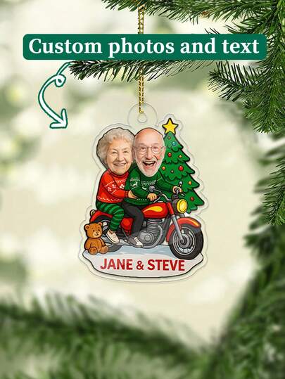 1pc Customize Personalized Couple Christmas Ornament,Custom Christmas Ornaments With Couple'S Photos And Names,Couple Anniversary Acrylic Ornament, Personalized Couple Photo Decorations,Christmas Tree And Motorcycle Elements