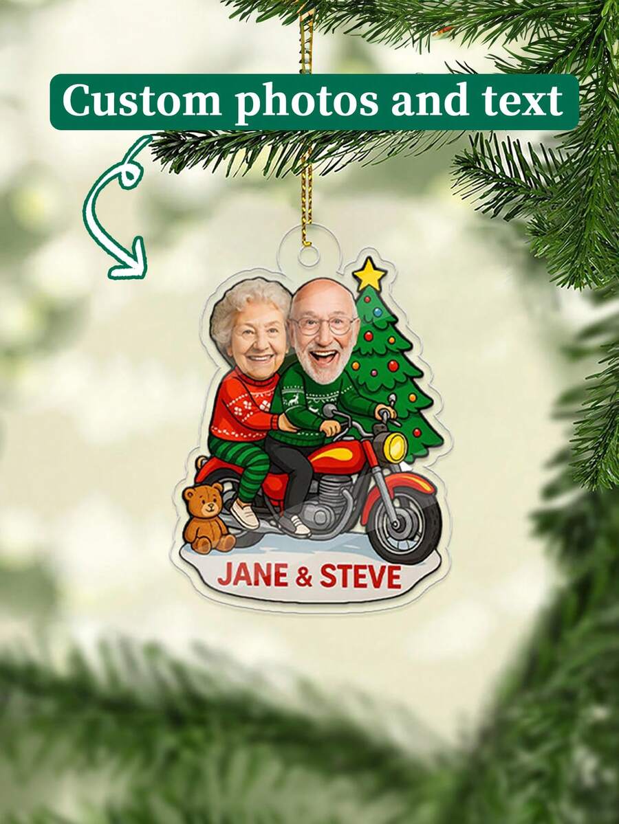 1 pièce Ornement de Noël personnalisé pour couple, ornements de Noël personnalisés avec photos et noms du couple, ornement acrylique d'anniversaire de couple, décorations photo personnalisées pour couple, éléments d'arbre de Noël et de moto
