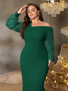 Elisanya Vestido de gala elegante de talla grande con hombros descubiertos, mangas farol halagadoras y falda de sirena impresionante - Perfecto para noches sofisticadas en grandes bodas, galas benéficas de alta gama, ceremonias de premios prestigiosas, cenas de negocios formales y celebraciones de Año Nuevo de lujo - Verde Oscuro - Ver 4