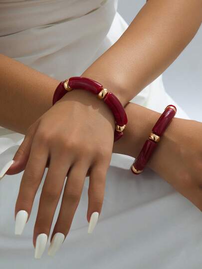 2pcs Resin Curved Tie Dye Elastic Bangle Bracelets, Fashion Versatile Vintage Bohemian Chic Sexy Elegant Stretch Cuff Bracelet For Daily, Holiday, Travel, Date (Color & Pattern May Vary)