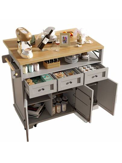 Sairedel Mobile Kitchen Isl Wheels Wood Grain 118x43 80x98 Cm, Grijs Multifunctional Storage Space, Removable Dividers Towel Rack Practical Dining Cart Cabinet view 6