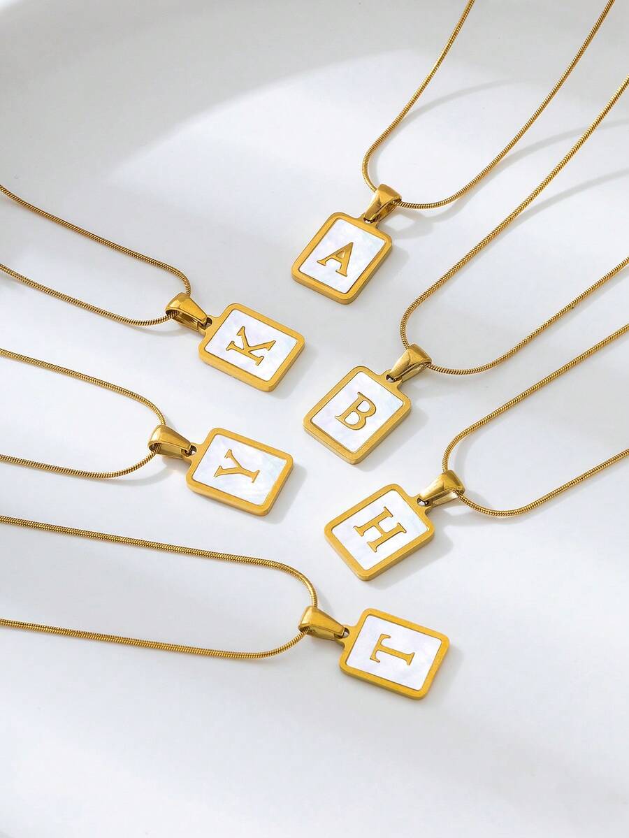 1pc Personalized Initial Necklace Stainless Steel Non Tarnish Women Letter Necklace - Golden Yellow + Snake Chain + Square - View 1