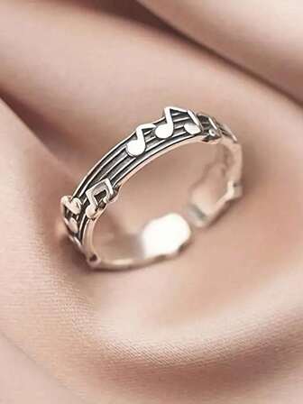 1pc Vintage Silver Musical Notation Ring, Personalized Open Ring Design For Women