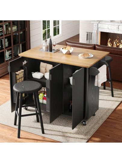 Kitchen Isl Wood Grain Dining Cart, Buffet, 130x45(75)X92cm, Rolling Trolley Towel Holder, Spice Rack, Adjustable Dividers, Doors, White/Black