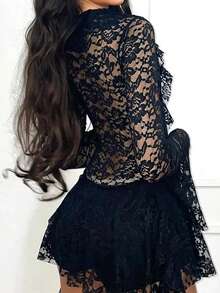 Macacão feminino Vaiaye Christmas de cor sólida com renda e decote em V sexy para o outono