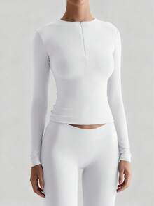 XLLAIS Women's Fashion Half Zip Tight Fit White T-Shirt, Stretchy Casual Long Sleeve Solid White Top, Autumn Apparel Spring - White - View 4