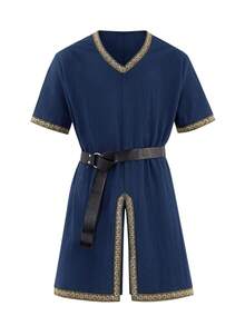 Men's Medieval Pirate Tunic Short Sleeve Linen Renaissance Viking Knight Style LARP & Halloween Costume Top - 藏蓝色 - 查看 5
