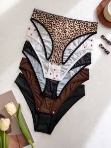 5pcs/Pack Women's Seamless Breathable Strawberry & Leopard Print Panties