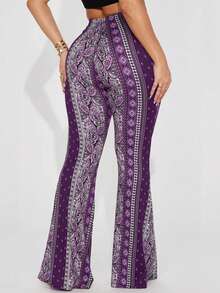 Women's Fashionable Bohemian Style Floral Print Flare Leg Romantic Beach Vacation Party Casual Pants, Suitable For Holidays, Dates, Outings, And Daily Wear Spring - Purple - View 2