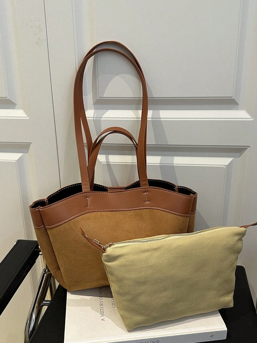 1 Stück braune Retro Wildleder-Optik Patchwork Shopper Tasche, große Kapazität Damen Schultertasche (mit kleiner Innentasche), Herbst/Winter