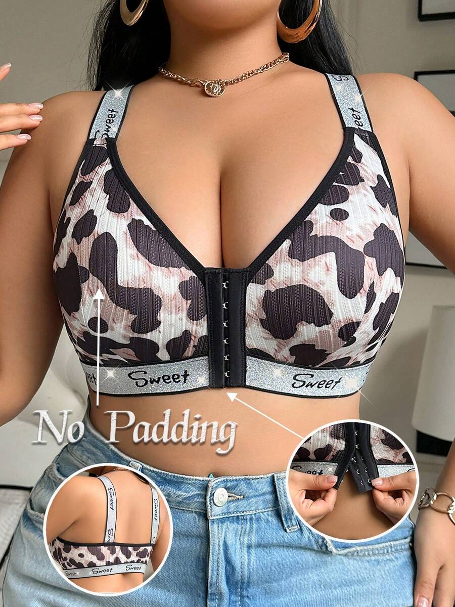 Plus Size Women's Front Closure Wireless Bra With Silver Ribbon