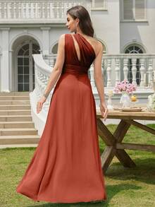 Volly Toych Auburn A-Line One Shoulder Keyhole Ruched Chiffon Elegant Maxi Formal Bridesmaid Dress, Wedding Guest Summer - 鏽棕色 - 查看 2