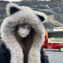 1 件柔软涤纶仿毛猫耳帽，配有一体式围巾，适合冬季男女佩戴，时尚中性，轻便，带有封口，非常适合单身派对。