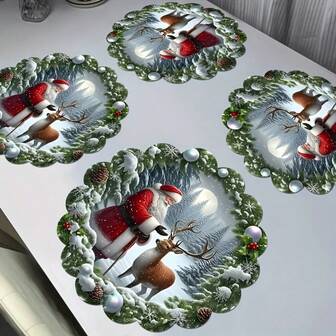 6 st/4 st/1 st runda bordsunderlägg för julfestdekoration, mönster med jultomten och renar - 15 tum i diameter, linnematerial, halkfri, värmebeständig, maskintvättbar, runda bordsunderlägg för julfestdekoration, festköksrestaurangdekorationer, lämplig för julbordsdekoration, fest, juldekoration, juldekorationer för hemmet