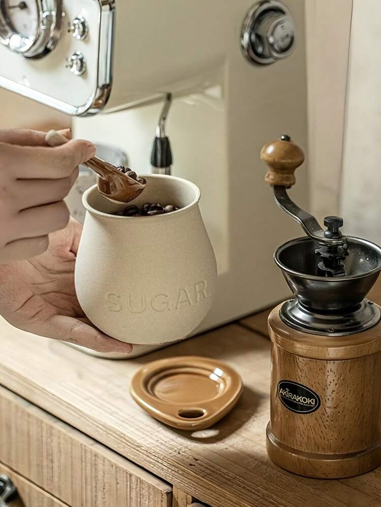 1 件陶瓷调味罐带盖和勺子，家用厨房盐罐、糖罐、咖啡豆、茶叶储存罐 - 米色 - 查看 4