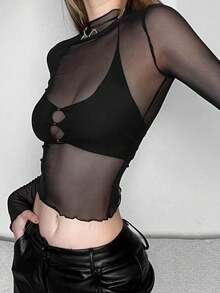 Áo croptop nữ Top Dazzle gợi cảm, hở lưng, tay dài, cổ tròn, chất liệu lưới, kiểu dáng thường ngày và dễ thương, thích hợp cho chụp ảnh đi biển hoặc lễ Phục sinh. - màu đen - Xem 7