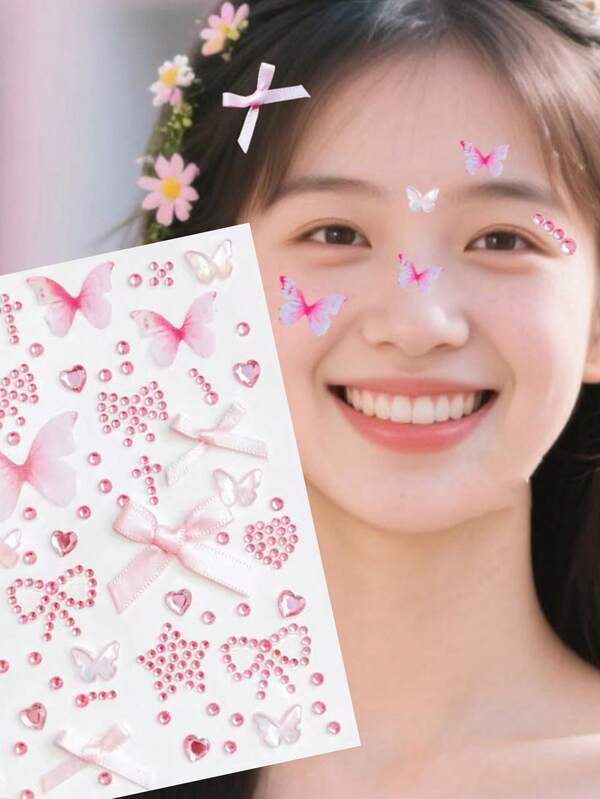 1 Stück rosa Schmetterling Gesichtsaufkleber, transparenter Schmetterling, Herz, Stern, Diamant Gesichtsschmuck, süße Schleife Körperschmuck, geeignet für Valentinstag, Musikfestivals, Bühnenauftritte, Make-up, Nagelkunst Dekoration