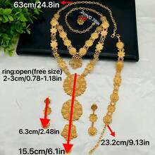 4件套镀金双层花卉吊坠项链、耳环、手链、戒指首饰套装，适合沙特阿拉伯、欧美、中东、迪拜、非洲新娘，适用于婚礼、派对、约会、母亲节、毕业典礼、情人节、音乐节、生日、节日等场合。 - 四件套1 - 查看 5