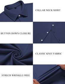 URRU Men's Muscle Dress Shirts Collared Stretch Short Sleeve Casual Button Down Shirts For Men - 深藍色 - 查看 5