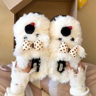 1 Paio di pantofole casual versatili con suola spessa per donne, design carino con fiocco e pelliccia di cucciolo, nuovi arrivi autunno/inverno 2025