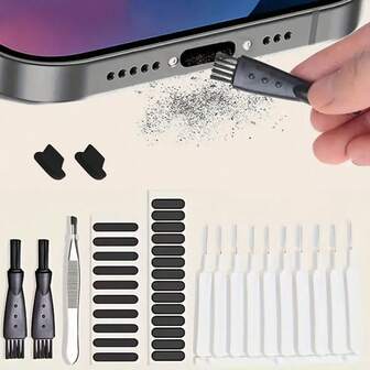 8件套：手机充电口清洁刷、耳机清洁刷、除尘小刷、手机缝隙除尘器、手机防尘网、防尘塞、扬声器除尘贴，兼容苹果手机
