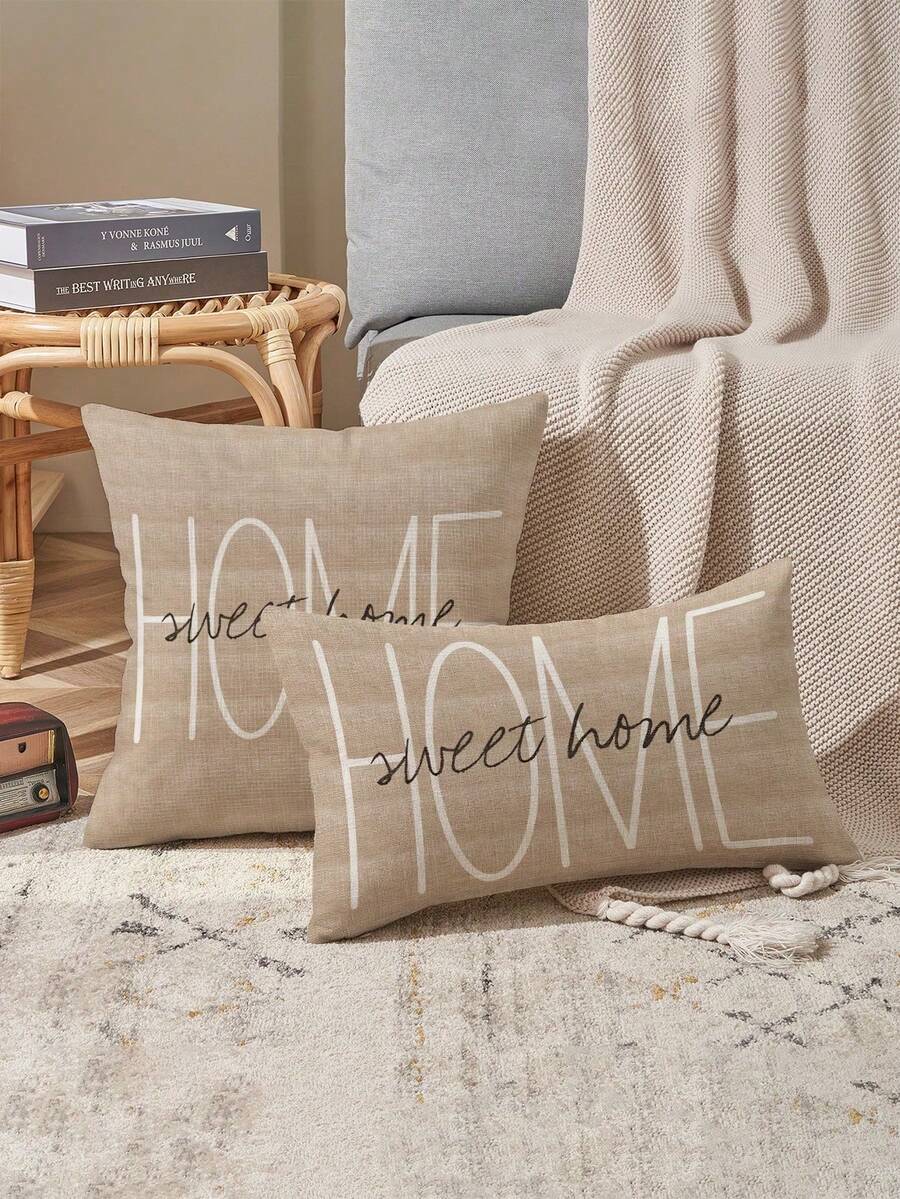 1 Stück/2 Stücke "Home Sweet Home" Leinen Lendenkissen Bezug - in verschiedenen Größen erhältlich, beige mit schwarzer Schrift, schweres Stoffkissenbezug für Couch & Bett, maschinenwaschbar, Reißverschluss, zeitgenössischer Stil, dekorative Kissenbezüge