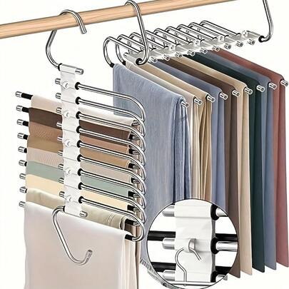 Porte-pantalons à 9 niveaux amélioré, gain d'espace ; Porte-pantalons en métal à 9 niveaux, gain d'espace ; Porte-vêtements antidérapant en acier inoxydable en forme de S ; Porte-pantalons en acier inoxydable et plastique ABS de haute qualité à 9 niveaux ; Cintre durable, convient pour les leggings, jeans, pantalons slim et pantalons longs ; Accessoire de garde-robe