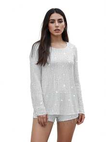Women 2 Piece Sequins Tassel Shorts Set Casual Sparkly Long Sleeve Crewneck T Shirt Top Shiny Glitter Party Nightout - 銀色 - 查看 2