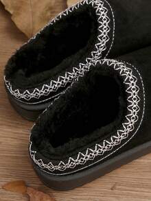 女士毛茸茸厚底拖鞋，秋冬新款仿保暖内衬一脚蹬坡跟蓬松雪地靴 - 黑色 - 查看 5