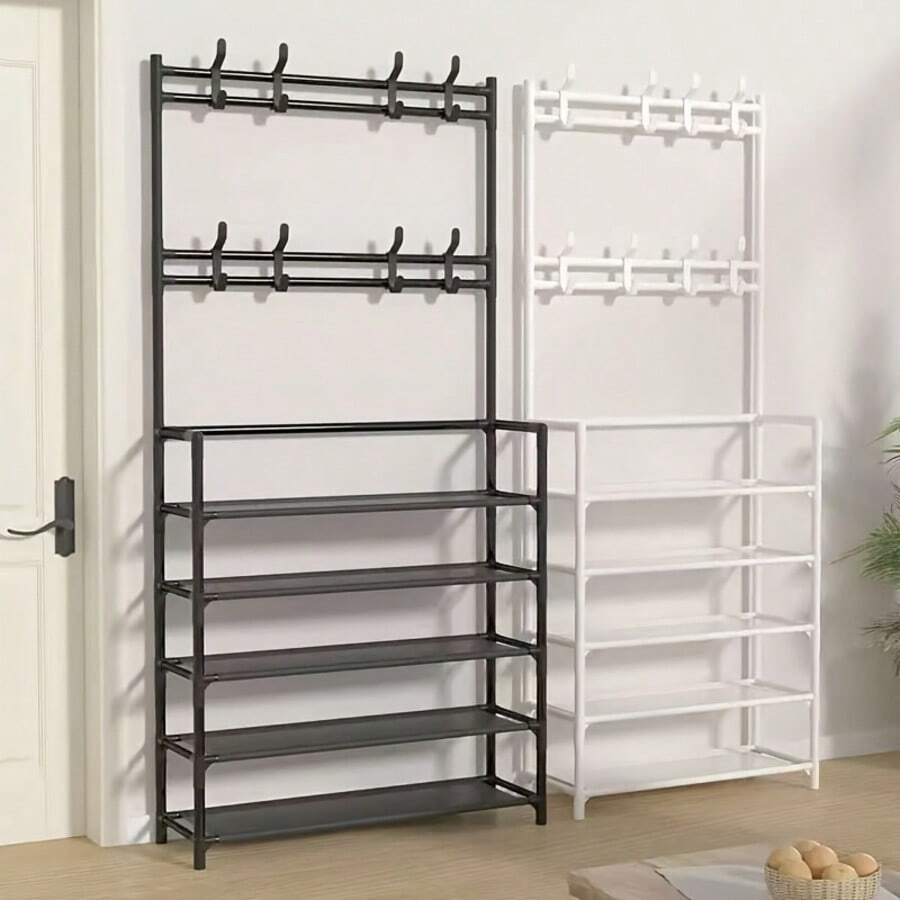 Multifunctional Shoe And Hat Rack 5-Layer Storage Rack With 8 Hooks, Large Capacity To Store Shoes, Boots, Clothes, Hats, Bags, Home Organization And Storage And Save Space Room Decor Home Essentials - 黑色 - 查看 1