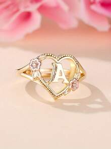 Tsnamer 1Pc Exquisite Cubic Zirconia Golden Initial Heart Ring 26 Letter A-Z Personalized Name Flower Adjustable Open Cuff Ring For Women Girls Match Daily Birthday Jewelry Gifts - Gold - View 14