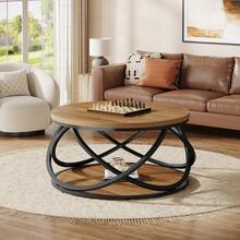 Tribesigns 31.5" Round Coffee Table With Storage Shelves, 2-Tier Circle Center Table With Sturdy Metal Frame, Rustic Accent Cocktail Table For Living Room, Small Space, Brown - Brown & Black - View 7
