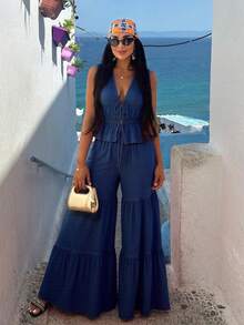 Summer Fashionable Blue Casual 2 Pieces Women Outfit, Paired With Flowing Pants And Tie-Front Top - Blue - View 5