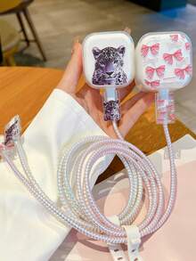 Set da 5 pezzi di manicotti protettivi con fiocco/stampa leopardata per caricabatterie standard britannico da 20W, organizer per cavi, avvolgicavo