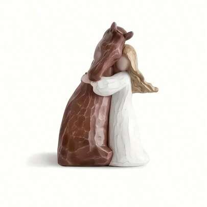 Estatueta pintada à mão com tema de cavalo abraçando meninas, presente para amantes de cavalos, adequada para adolescentes